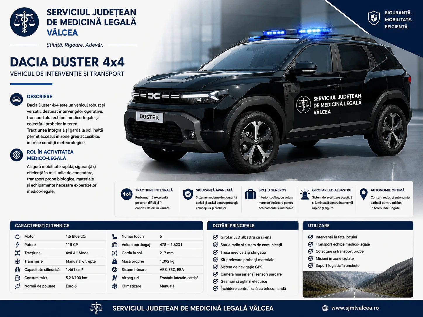Autospecială de intervenție medico-legală – Dacia Duster 4×4 Mobilitate și intervenție în teren dificil.