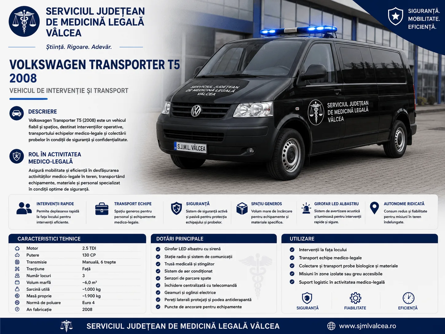 Autospecială transport cadavre – Volkswagen Transporter T5 (2008). Transport funerar și intervenții medico-legale.