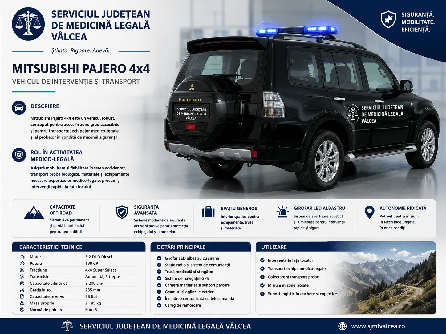 Autospecială de intervenție medico-legală – Mitsubishi Pajero 4×4 Transport echipe și echipamente în zone greu accesibile.